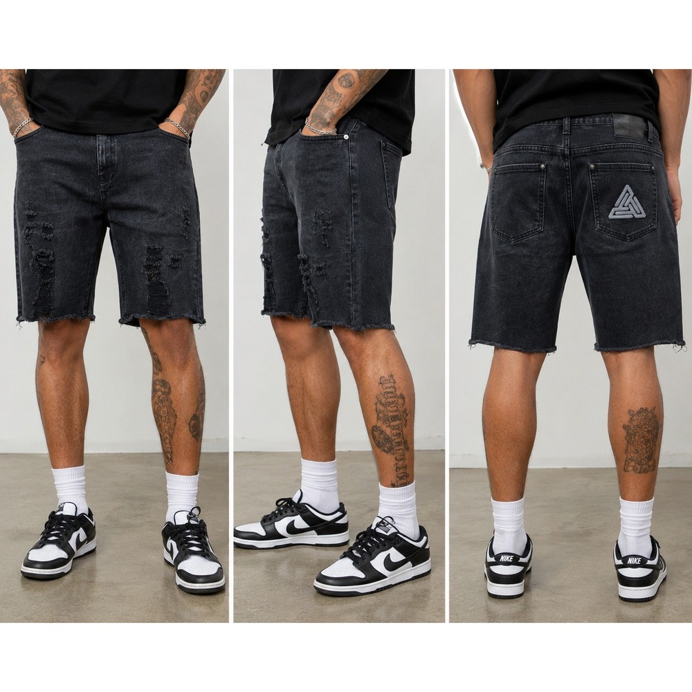 Black Pyramid Distressed Black Denim Shorts Mens Raw Hem Ripped Streetwear 38